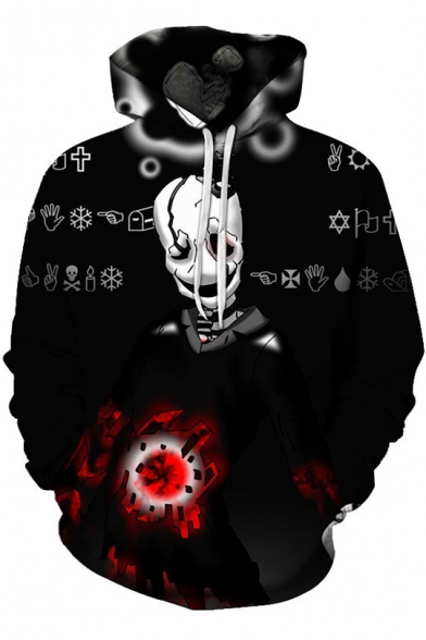 Black 3D Skull Magic Ball Pinted Drawstring Long Sleeve Hoodie with Pocket