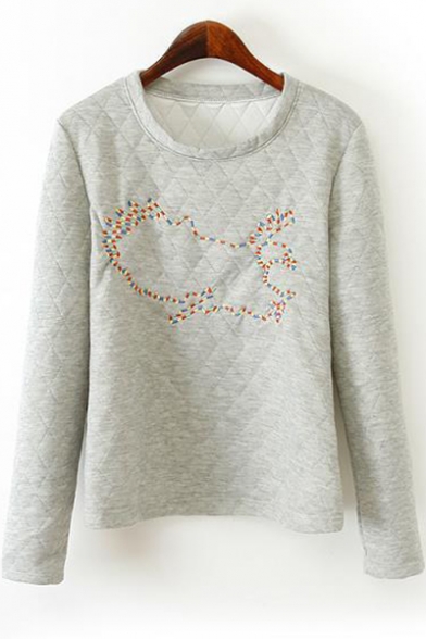 Chic Simple Embroidery Round Neck Long Sleeve Lattice Texture Grey Sweatshirt