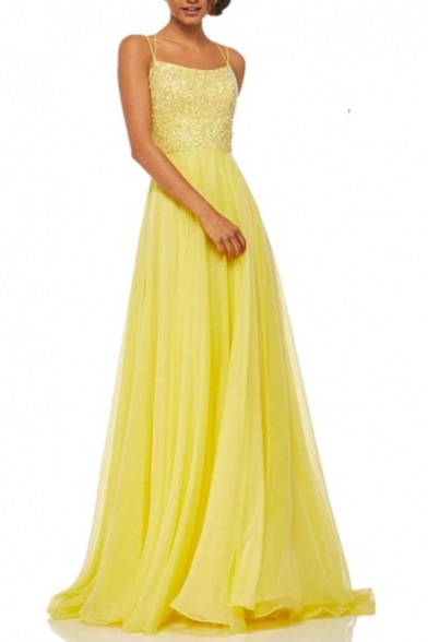 

Chic Solid Color Sequined Patched Crisscross Open Back Chiffon Floor Length Cami Dress Evening Gown for Women, LM531884, Blue;green;pink;yellow;champagne