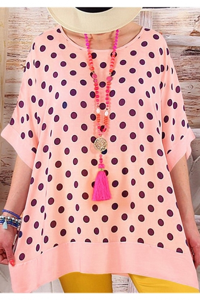 Classic Fashion Polka Dot Print Batwing Sleeve Round Neck Casual Loose Tunic T-Shirt