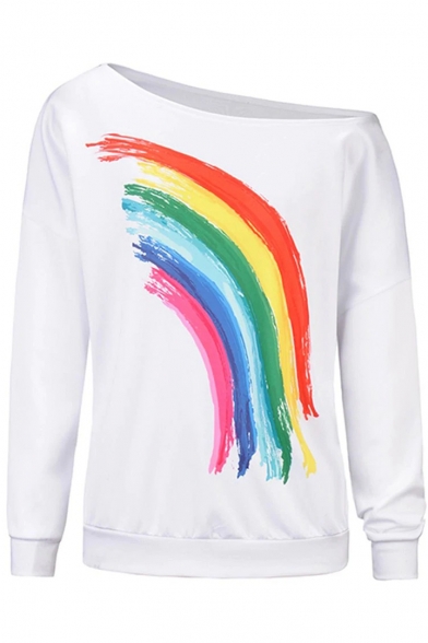 Cool Simple Rainbow Painting Oblique Shoulder Long Sleeve White Casual Sweatshirt