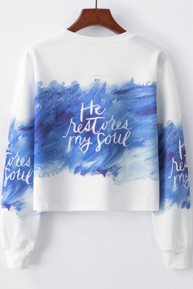 Cool Unique Brush Letter MY SOUL Pattern Round Neck Long Sleeve Cropped White Sweatshirt