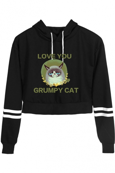 

Cute Cartoon Letter LOVE YOU GRUMPY CAT Striped Long Sleeve Cropped Hoodie, Black;pink;white;yellow;navy, LM529781
