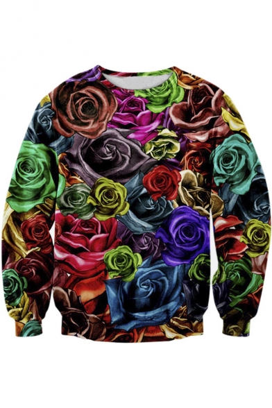 Fashion 3D Floral Printed Basic Round Neck Long Sleeve Pullover Sweatshirt