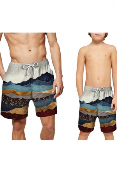 Fashion 3D Mountain Printed Drawstring Waist Parent-Child Holiday Beach Swim Trunks Shorts