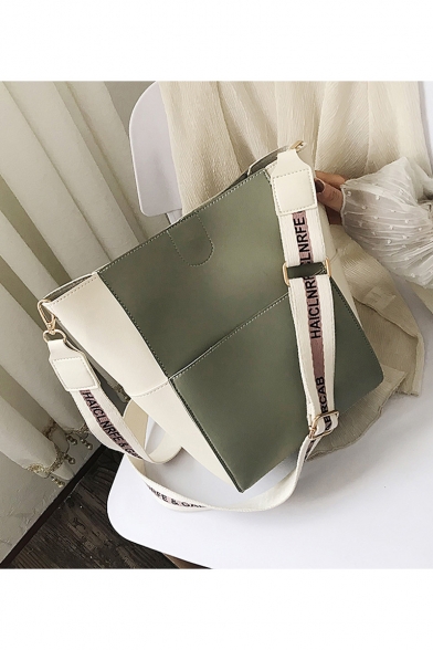 Fashion Color Block Letter Strap PU Leather Tote Shoulder Bucket Bag 32*27*14 CM
