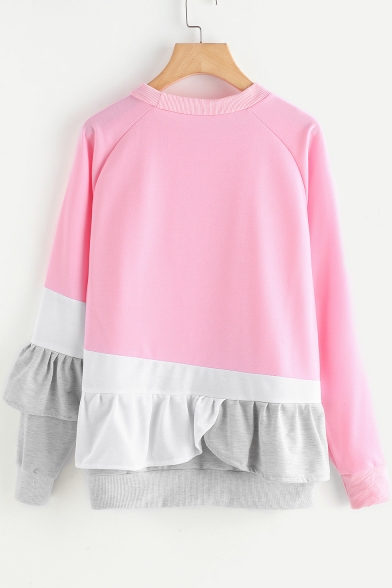 Fashion Color Block Long Sleeve Round Neck Ruffle Patchwork Pullover Sweatshirt