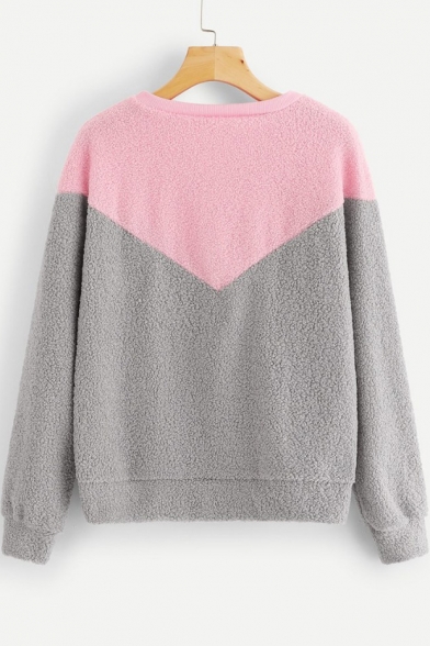 Fashion Color Block Round Neck Long Sleeve Fluffy Sweatshirt