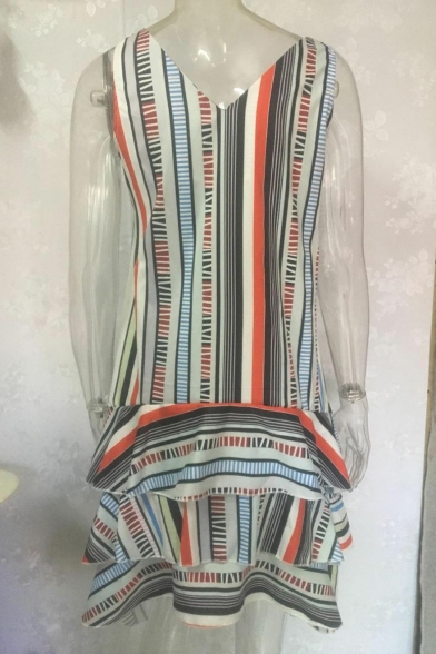 Fashion Colorful Striped Printed V-Neck Sleeveless Mini Shift Ruffle Dress