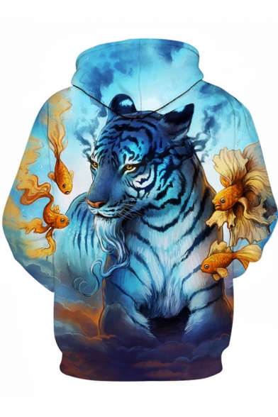 Fashion Men's White Tiger Goldfish Printed Long Sleeve Blue Hoodie with Pocket