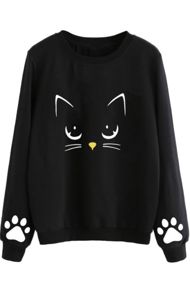 Girls Cute Cartoon Cat Printed Round Neck Long Sleeve Casual Loose Pullover Sweatshirt
