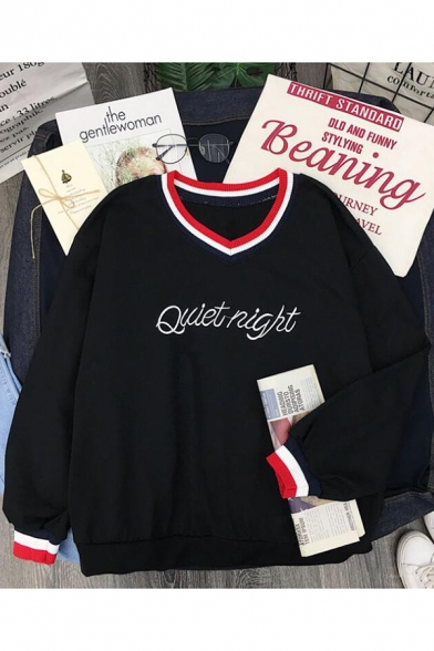 Girls Simple Letter QUIET NIGHT Striped Hem V-Neck Long Sleeve Loose Fit Sweatshirt