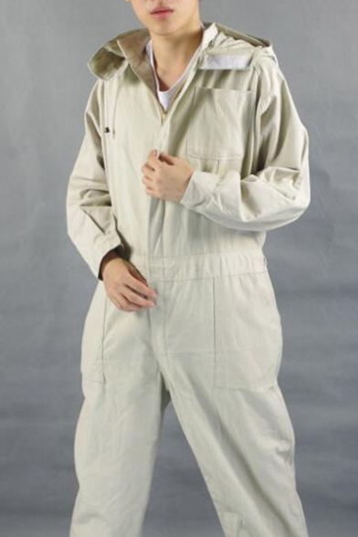 Guys Cotton Simple Plain Light Grey Hooded Long Sleeve Zipper Front Mechanic Workwear Coveralls