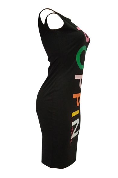 Hot Fashion POPPIN Letter Black Round Neck Sleeveless Midi Bodycon Dress