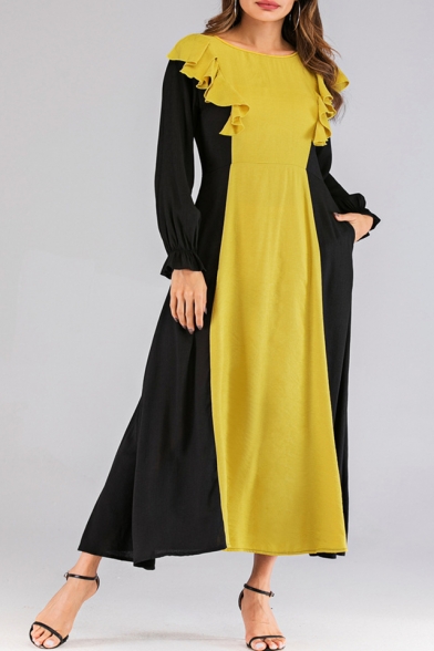 Hot Fashion Round Neck Long Sleeve Colorblock Printed Ruffle Detail Maxi Yellow Dress