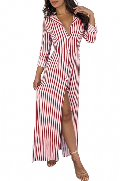 

Hot Fashion V-Neck Long Sleeve Stripes Printed Button-Front Split Side Maxi Shirt Dress, Black;red, LM530004