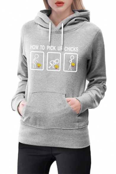 HOW TO PICK UP CHICKS Letter Cartoon Figure Printed Long Sleeve Drawstring Hoodie with Pocket