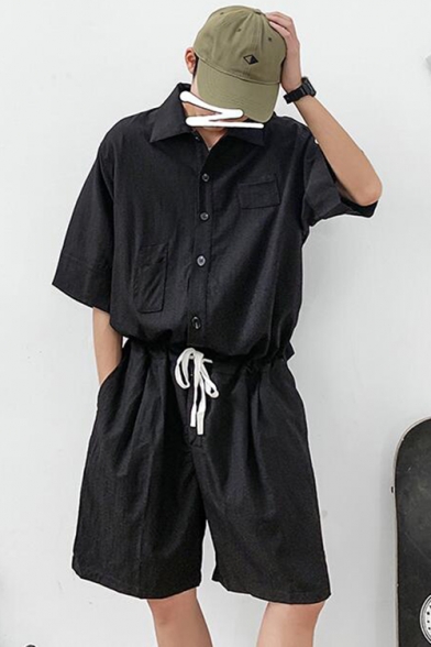 Men's New Stylish Simple Plain Button Down Drawstring Waist Cool Work Rompers Shorts