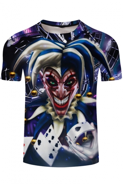 Mens Cool 3D Clown Pattern Round Neck Short Sleeve Purple T-Shirt