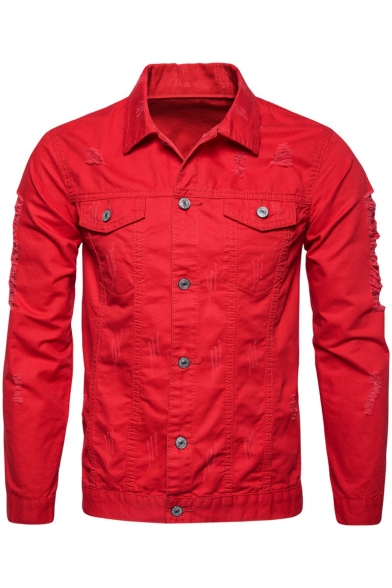Mens New Trendy Basic Solid Color Distressed Ripped Long Sleeve Button Down Slim Fit Denim Jacket