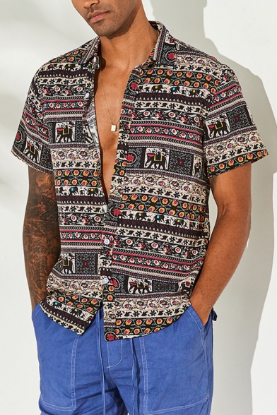 Mens Summer Retro Tribal Print Short Sleeve Casual Relaxed Beach Shirt