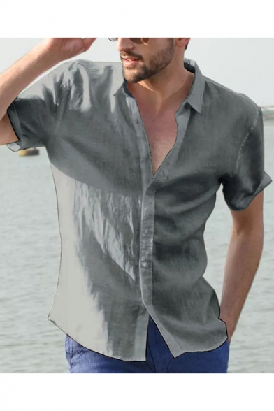 Mens Summer Simple Plain Short Sleeve Button Front Casual Loose Shirt