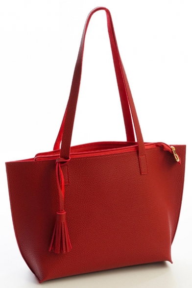 Minimalist Solid Color Tassel Embellishment PU Leather Zipper Shoulder Tote Bag 29*12*25 CM