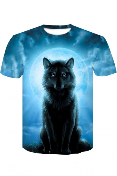Moon Wolf 3D Pattern Basic Round Neck Short Sleeve Blue T-Shirt