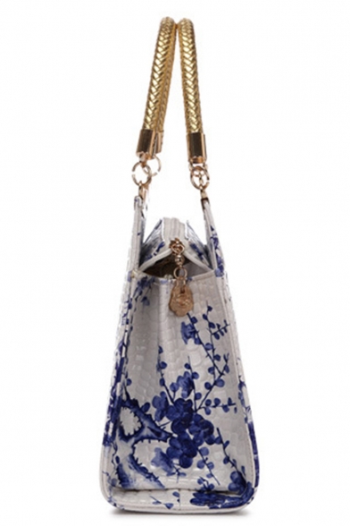 National Stylish Floral Printed Top Handle Satchel Handbag for Women 31*10*21 CM