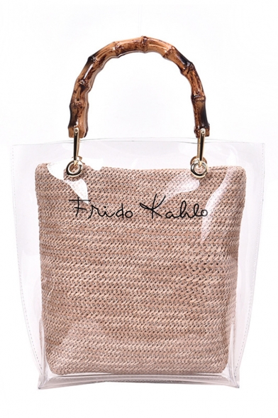 New Fashion Letter Printed Bamboo Handle Transparent Tote Shoulder Bag Beach Bag 23*27*9 CM