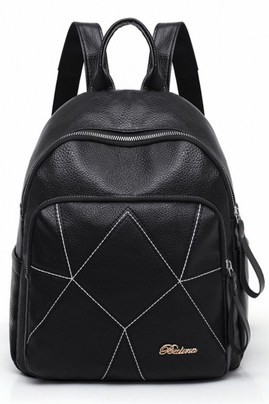 New Fashion Metal Letter Print Black PU Leather Backpack for Women 30*25*15 CM