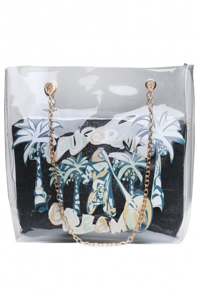 New Trendy Coconut Tree Printed Transparent Tote Beach Bag Shoulder Bag 30*32*10 CM