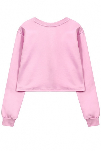 Pink Cartoon Comic Eyes Printed Round Neck Long Sleeve Cropped Sweatshirt