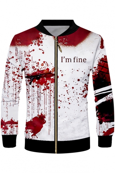 Popular Red Blood Letter I'M FINE Print Stand Collar Zipper Front White Jacket