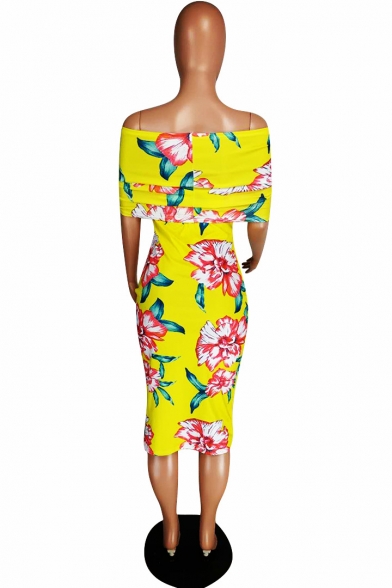 Sexy Off the Shoulder Floral Print Yellow Midi Bodycon Pencil Dress