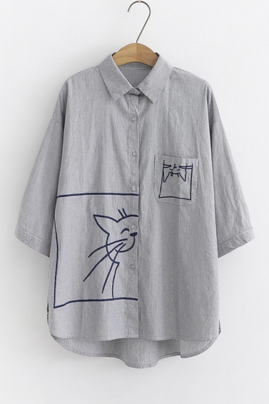 Simple Cute Cartoon Cat Embroidery Half Sleeve Casual Loose Button Shirt