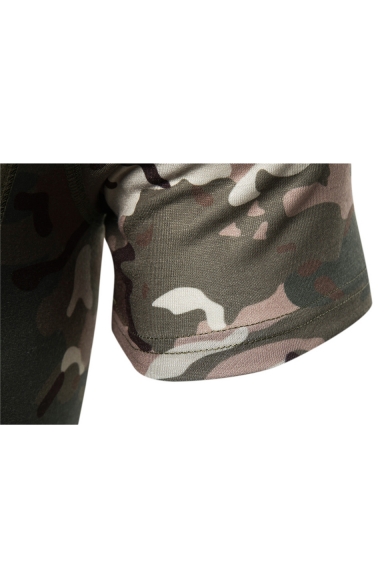 Stylish Camo Patched Zipper Stand Collar Short Sleeve Slim Polo Shirt for Men