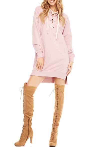 Stylish Eyelet Lace-Up Collar Long Sleeve Split Side Pink Longline Sweatshirt