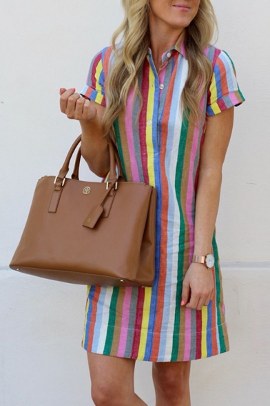 Summer Chic Colorful Striped Pattern Lapel Collar Short Sleeve Button Down Mini Cotton Shirt Dress