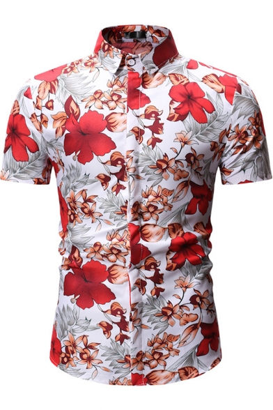 Men Button Up Floral Design Short Sleeves Stylish Shirt 