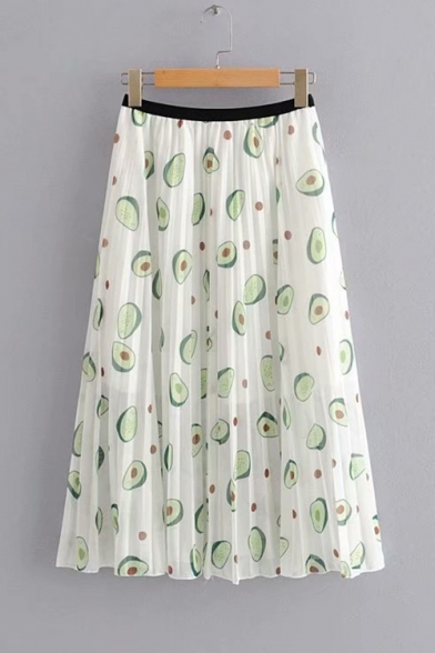 Summer Elastic Waist Fashion Allover Avocado Printed Midi White Pleated Skirt