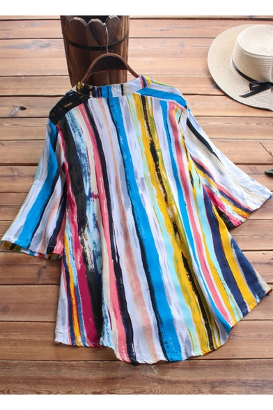Summer Fashion Colorful Vertical Stripe Print V-Neck Half Sleeve Loose Fit Button Down Shirt
