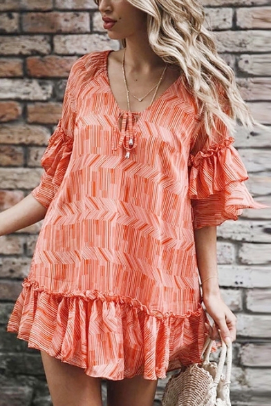 Summer Fashion Orange Pattern Tied V-Neck Mini Casual Loose Shift Ruffle Dress