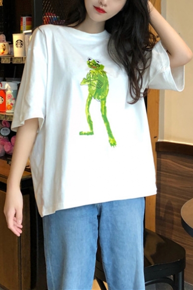 Summer Funny Cartoon Frog Printed Round Neck Oversized Loose T-Shirt for Girls
