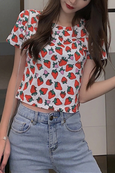 Summer Girls Cute Allover Strawberry Printed Round Neck Short Sleeve White Crop T-Shirt