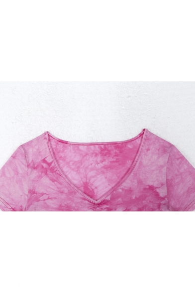 Summer Hot Fashion V-Neck Short Sleeve Ink Print Pleated Cropped Pink T-shirt