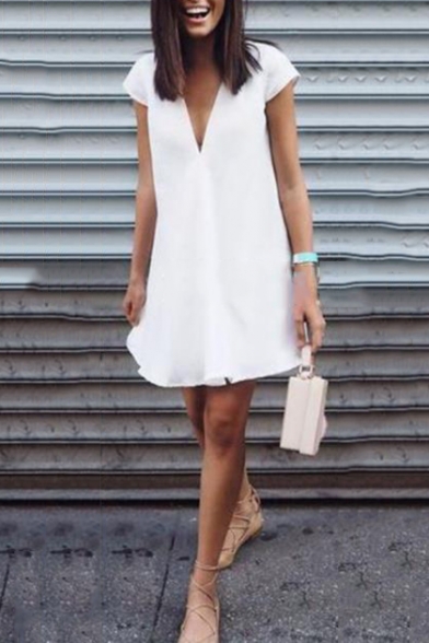 Summer Hot Popular Solid Color V-Neck Cap Sleeve Mini Swing Dress for Women