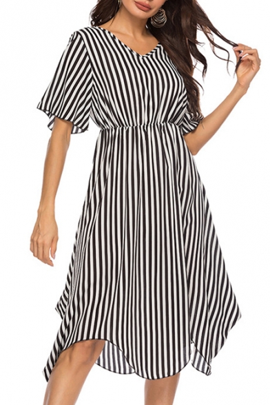 Summer Hot Popular V-Neck Short Sleeve Holiday Beach Chiffon A-Line Flowy Dress