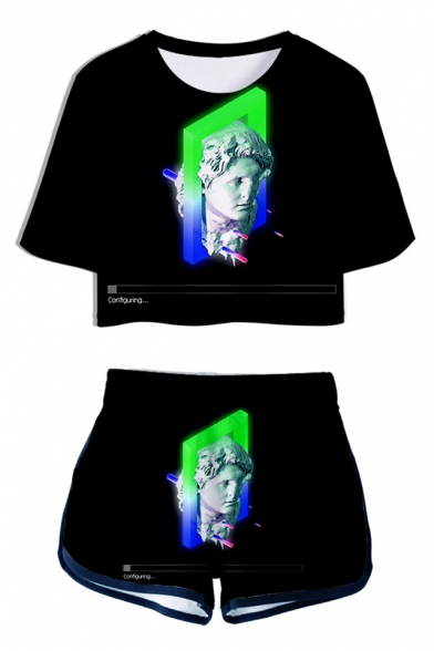 Summer New Stylish Vaporwave Cool 3D Printed Cropped Tee Dolphin Shorts Sport Two-Piece Set