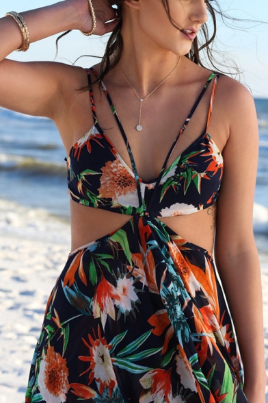 Summer Sexy Hot Fashion Spaghetti Straps Sleeveless Floral Printed Maxi Boho Beach Black Dress